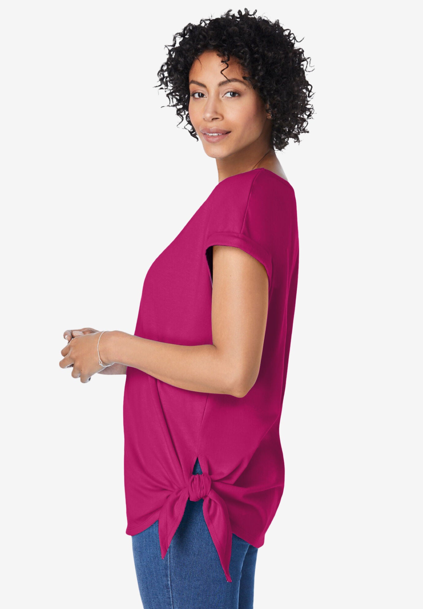 SIDE TIE KNIT TEE, RASPBERRY, alternate image number 2