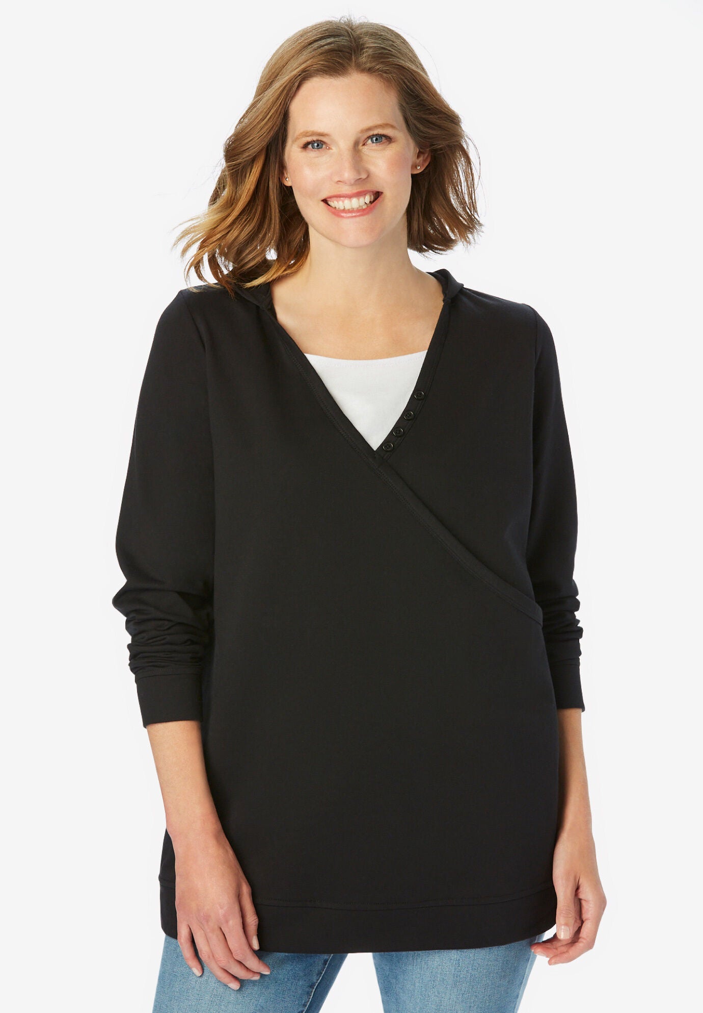 Layered-Look Hooded French Terry Sweatshirt, BLACK, hi-res image number 0