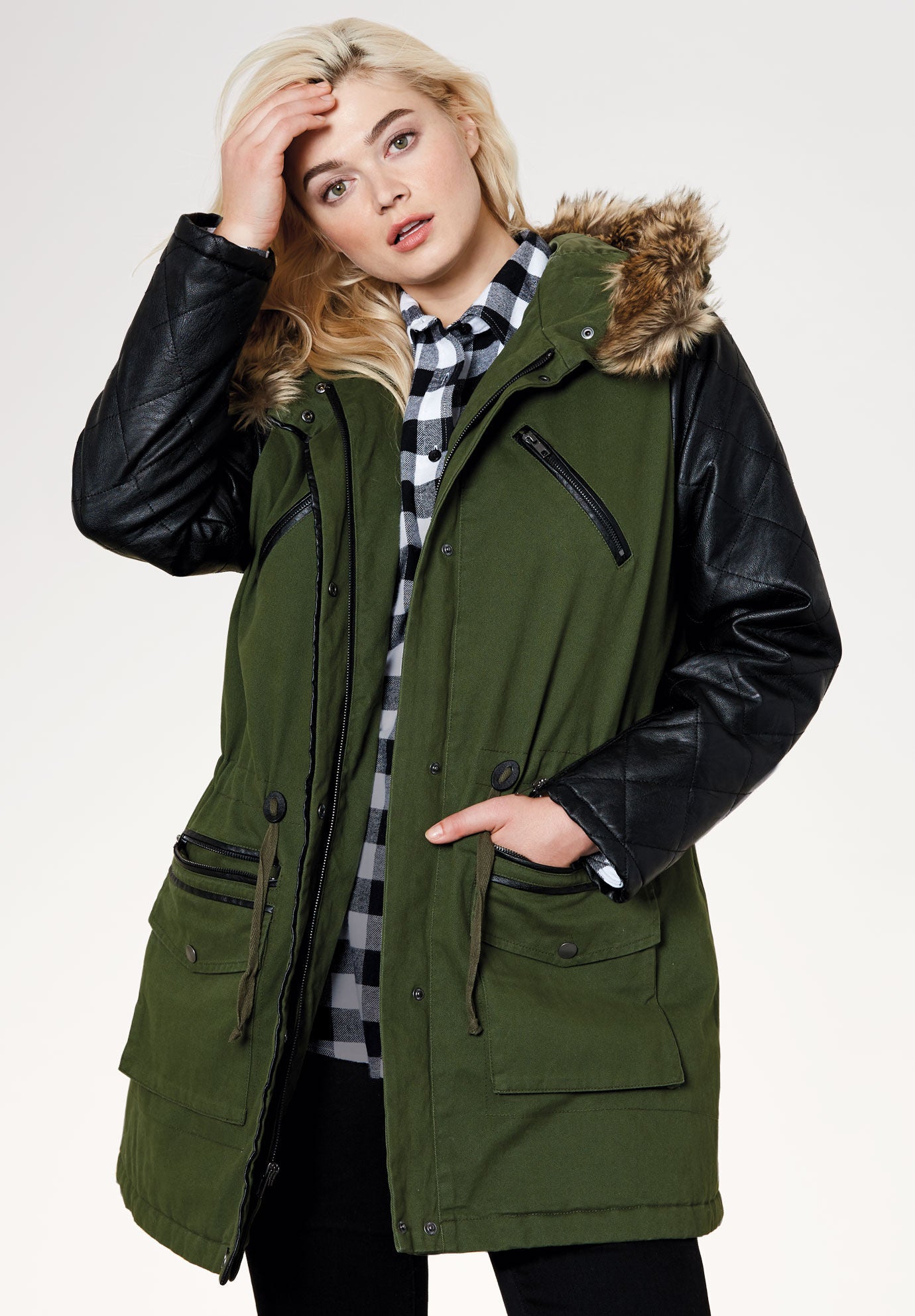 Quilted Faux Leather Sleeve Parka, FOREST GREEN, hi-res image number 0