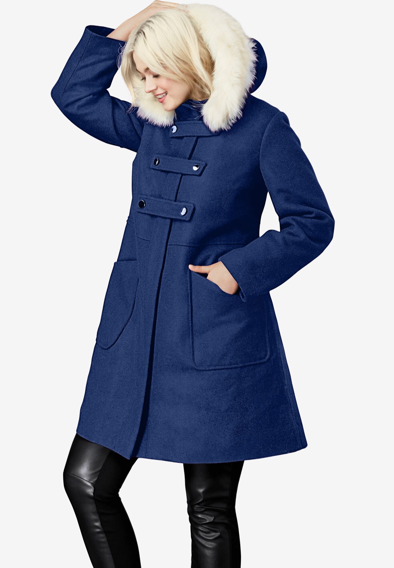 Faux Fur Trim Wool-Blend Coat, VINTAGE NAVY, hi-res image number 0