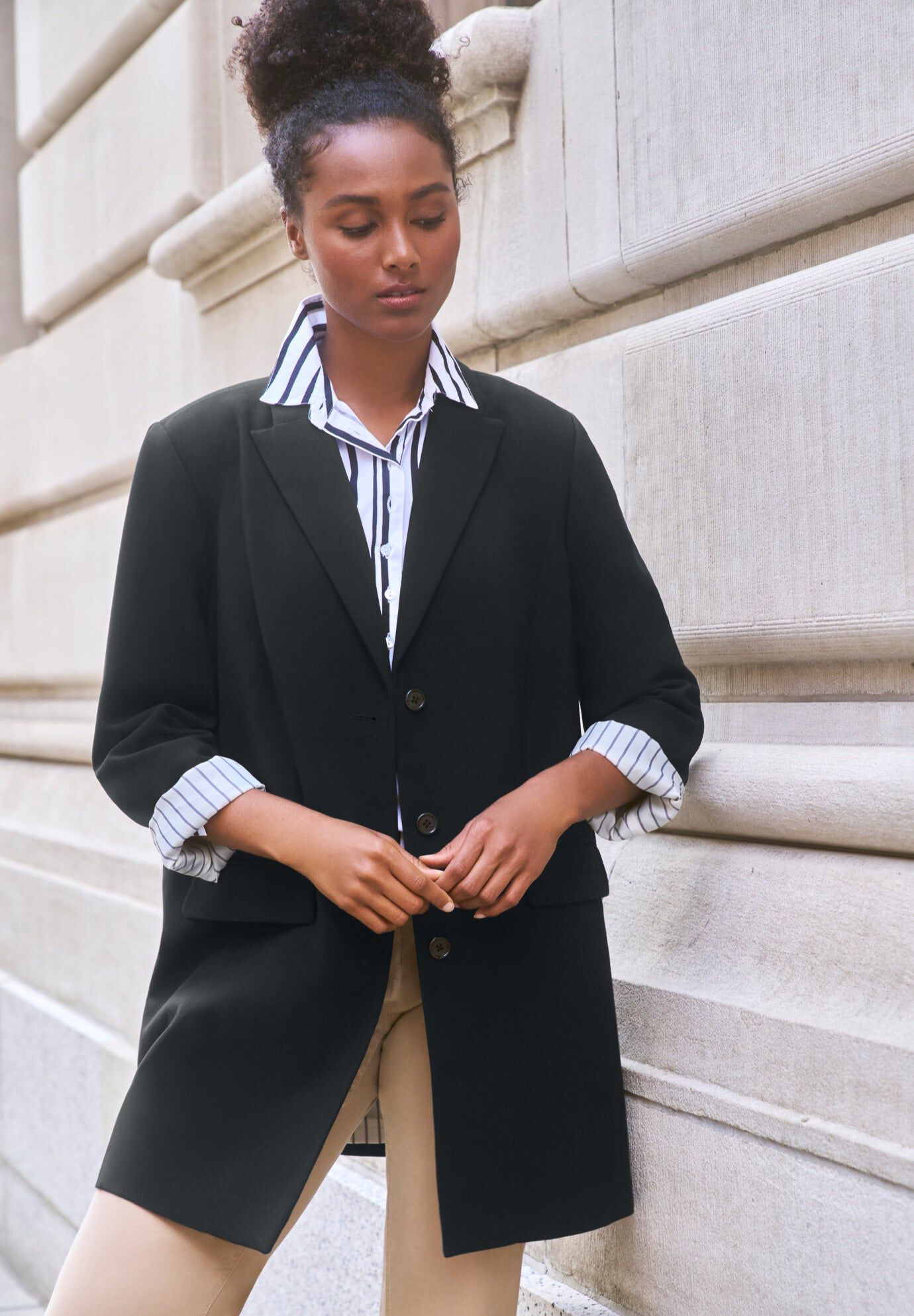 Stretch Button Front Oversized Long Blazer
