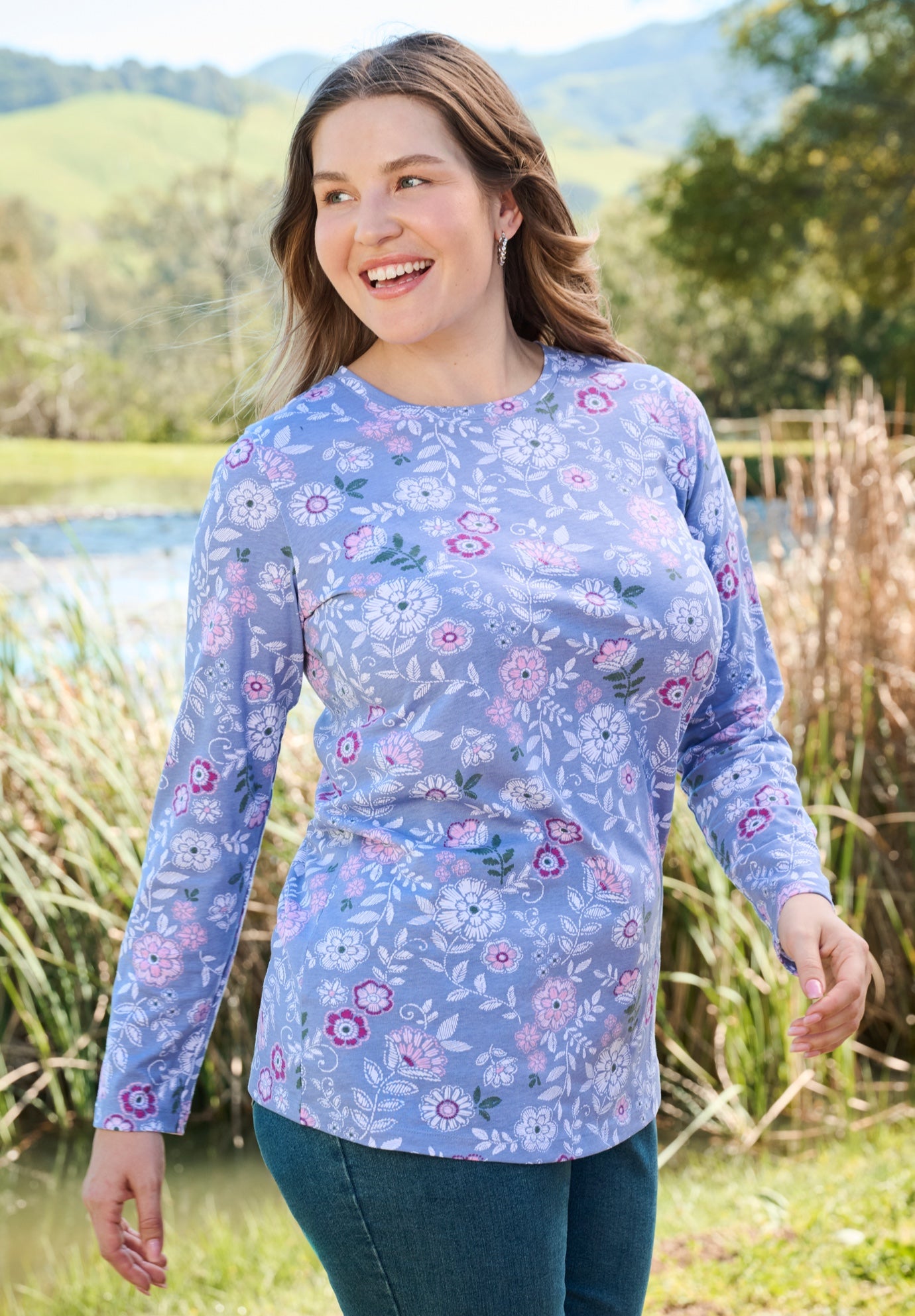 Perfect Printed Long-Sleeve Crewneck Tee image number 0