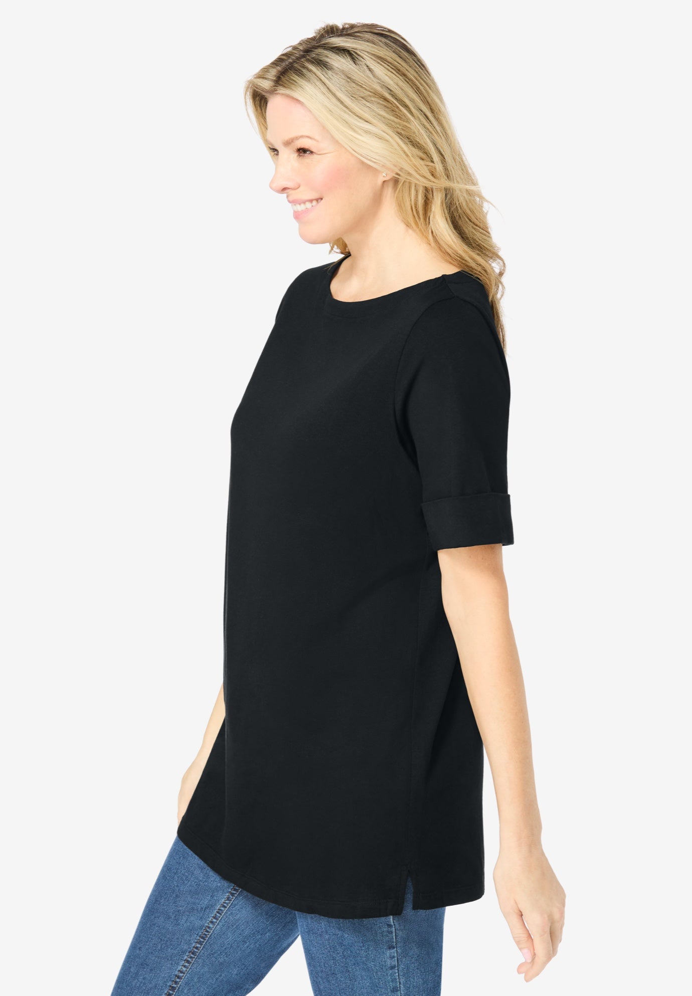 Perfect Cuffed Elbow-Sleeve Boat-Neck Tee image number 2