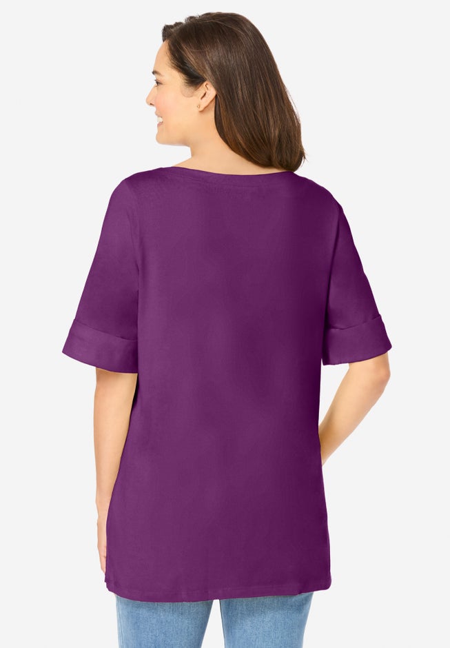 Perfect Cuffed Elbow-Sleeve Boat-Neck Tee image number 1