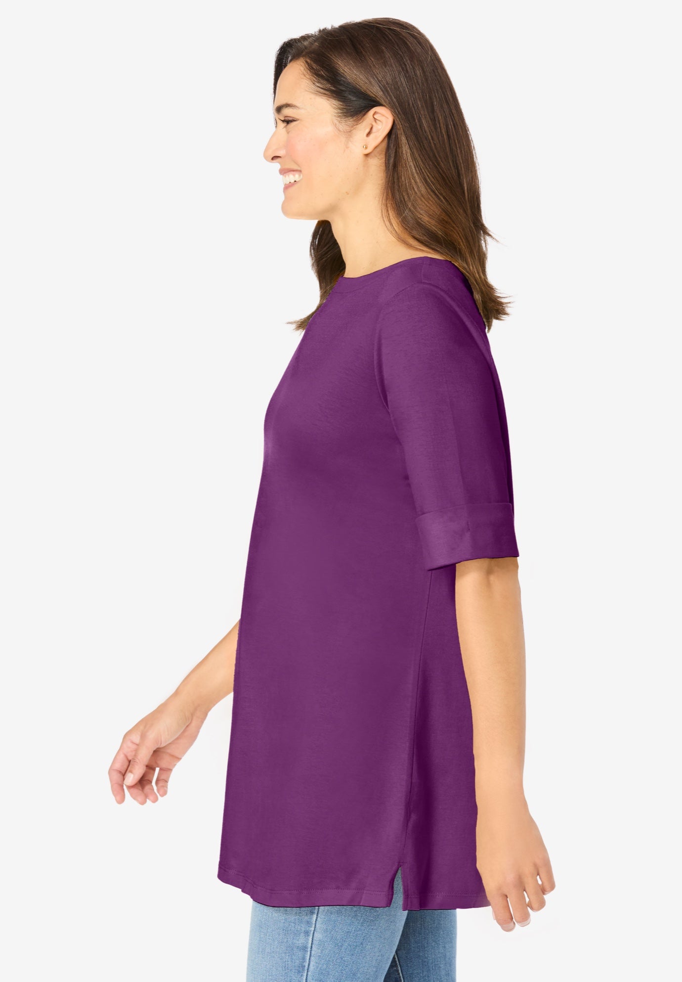 Perfect Cuffed Elbow-Sleeve Boat-Neck Tee image number 2