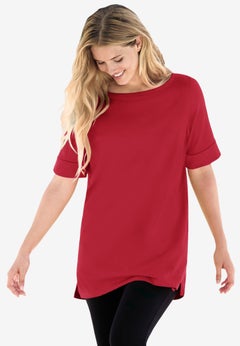 Perfect Cuffed Elbow-Sleeve Boat-Neck Tee