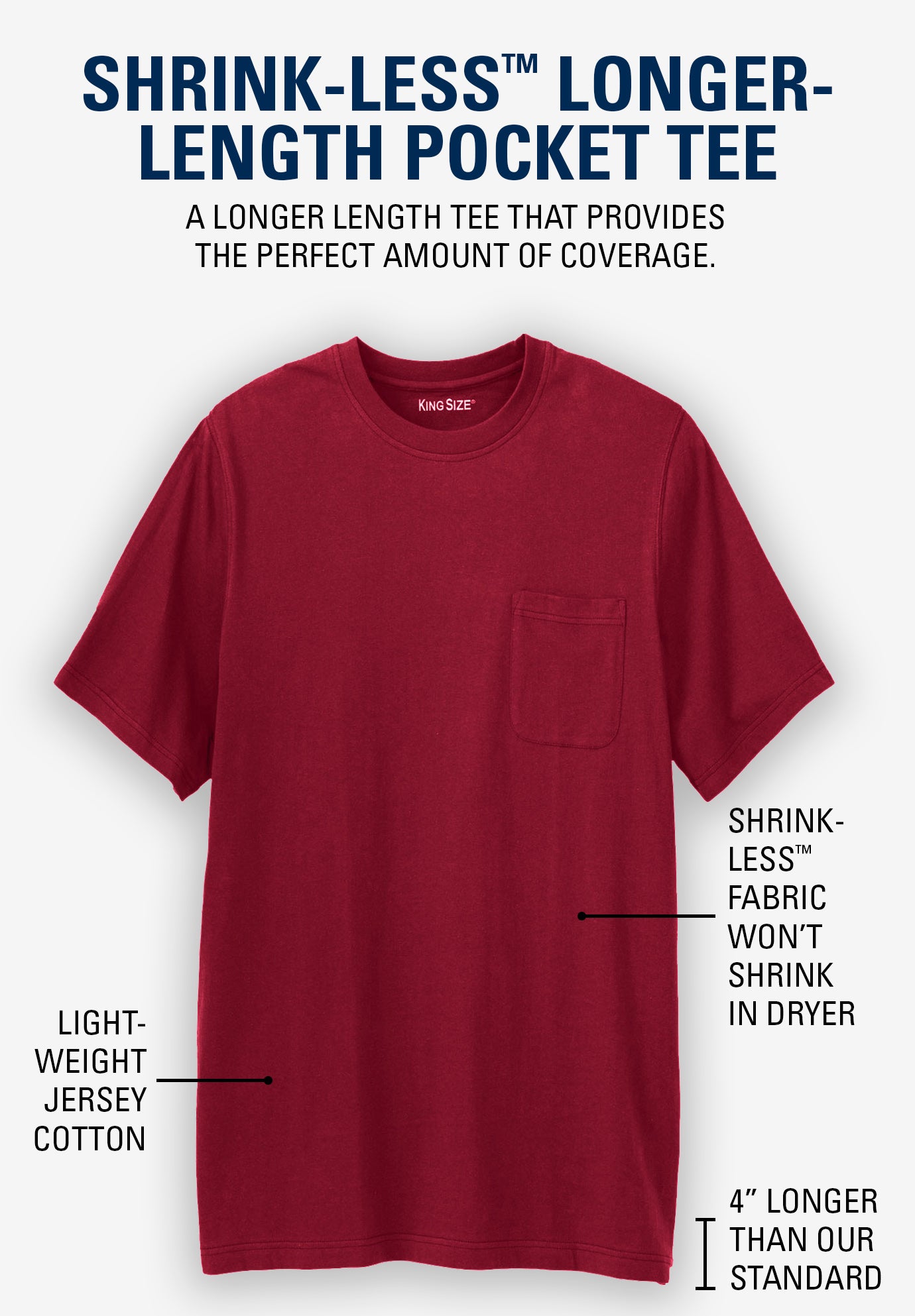 Shrink-Less™ Lightweight Longer-Length Crewneck Pocket T-Shirt image number 3