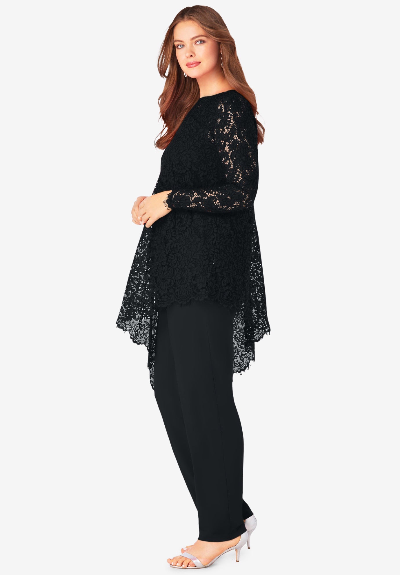Plus-Size Asymmetrical Lace Pant Set &ndash;Long Sleeve Lace Scalloped Tunic & Elastic Waist Pants image number 2