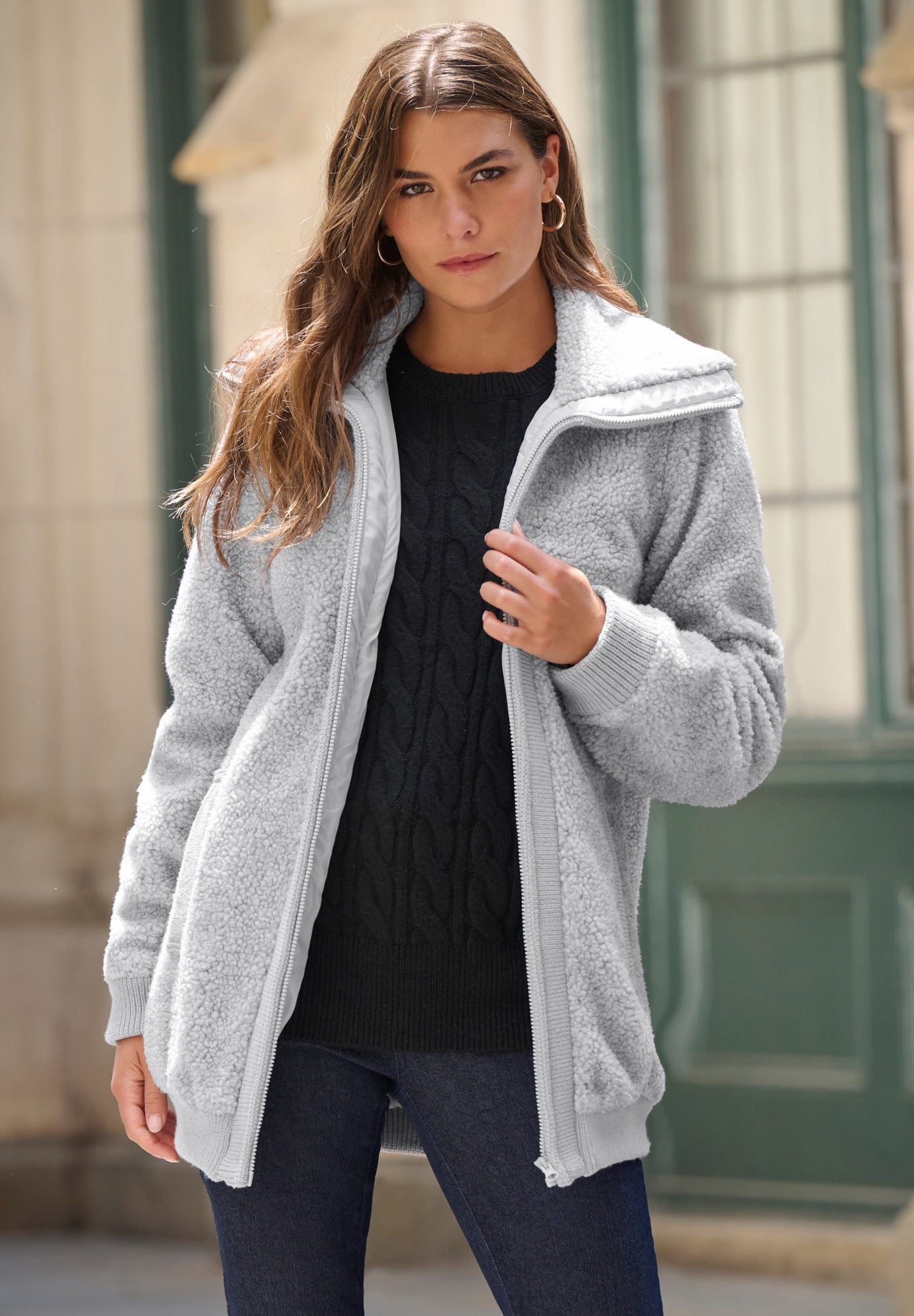 Plus Size High Collar Teddy Fleece Bomber image number 1