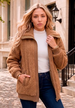 Plus Size High Collar Teddy Fleece Bomber