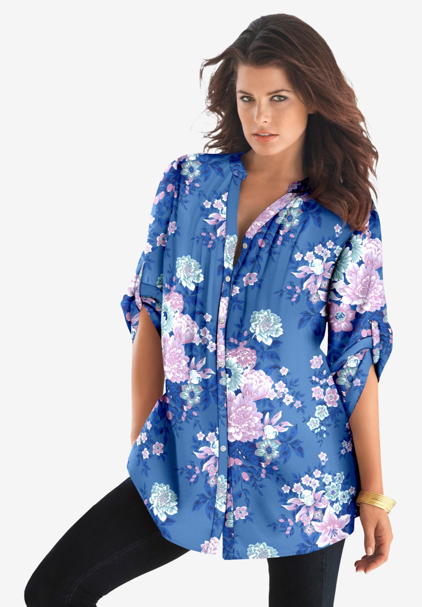 Plus Size Floral Y-Neck Pintuck Tunic &ndash; Adjustable Long Sleeve Button-Front, Relaxed Shirt Style image number 0