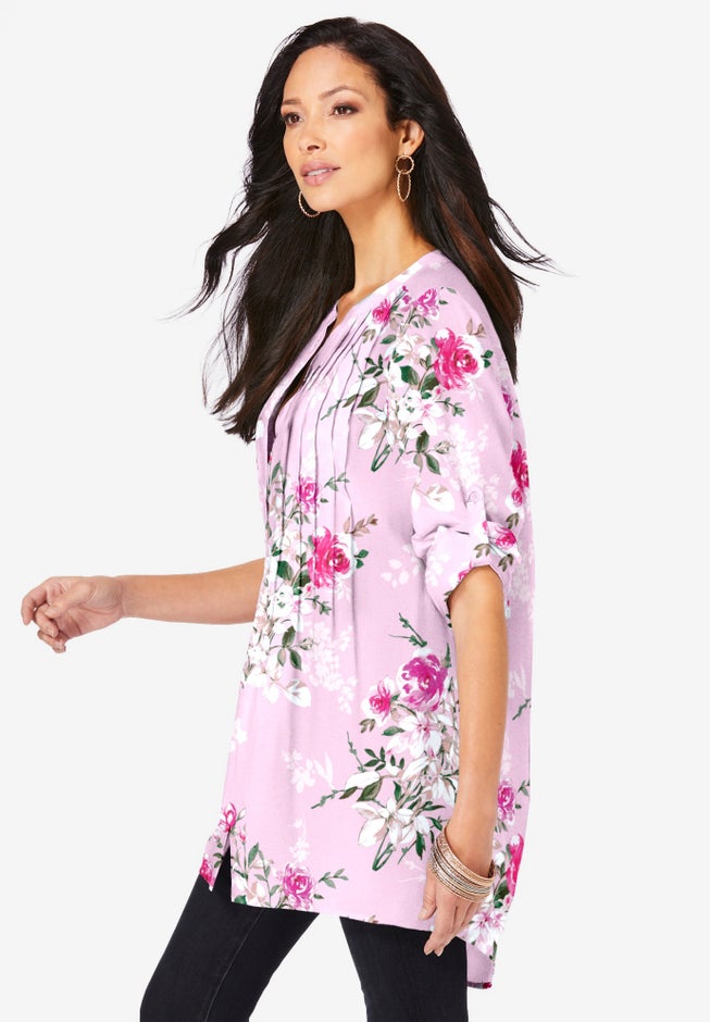 Plus Size Floral Y-Neck Pintuck Tunic &ndash; Adjustable Long Sleeve Button-Front, Relaxed Shirt Style image number 2