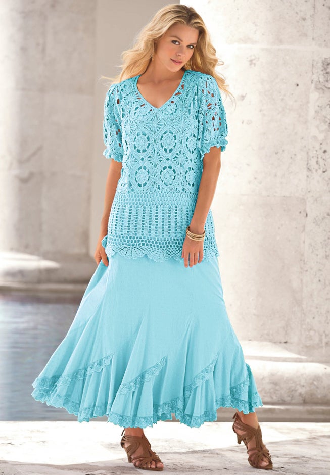 Plus Size Medallion Pattern French Crochet Sweater Top image number 3