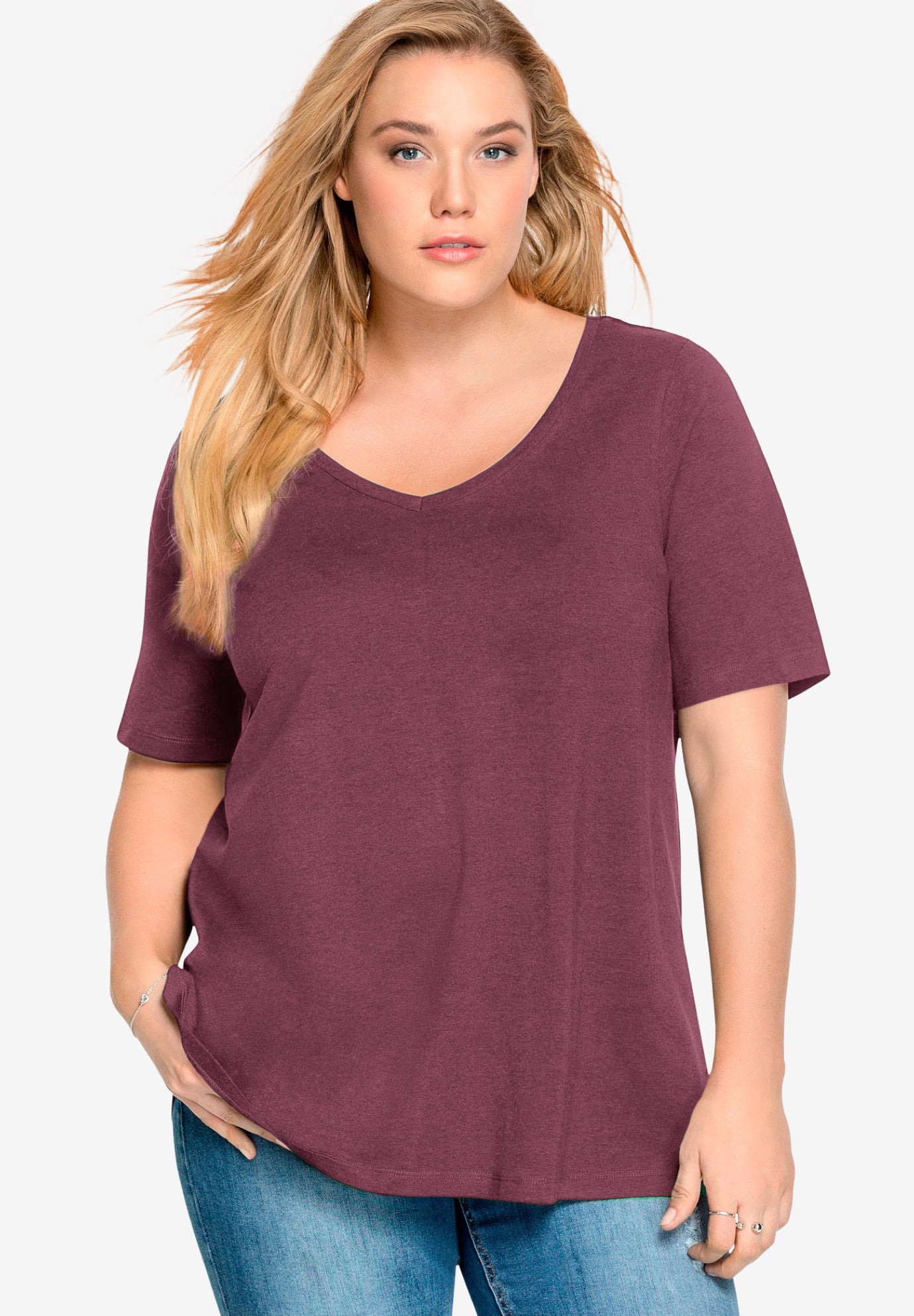 Stretch Knit V-neck Short Sleeve Tunic image number 0