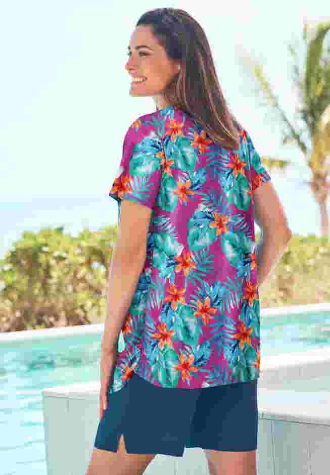 Split-Neck Short Sleeve Swim Tee with Built-In Bra image number 1