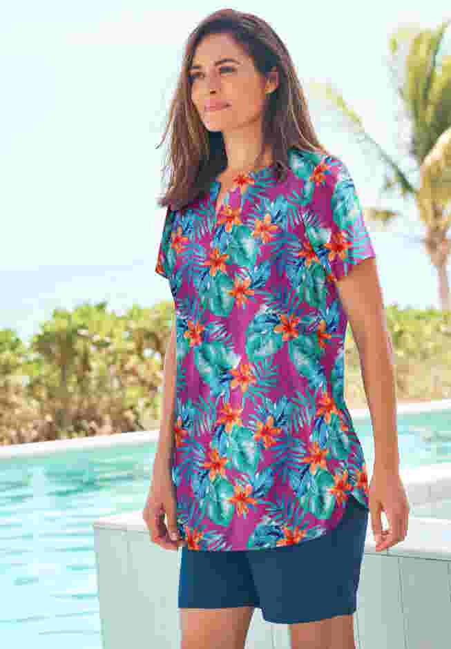 Split-Neck Short Sleeve Swim Tee with Built-In Bra image number 2