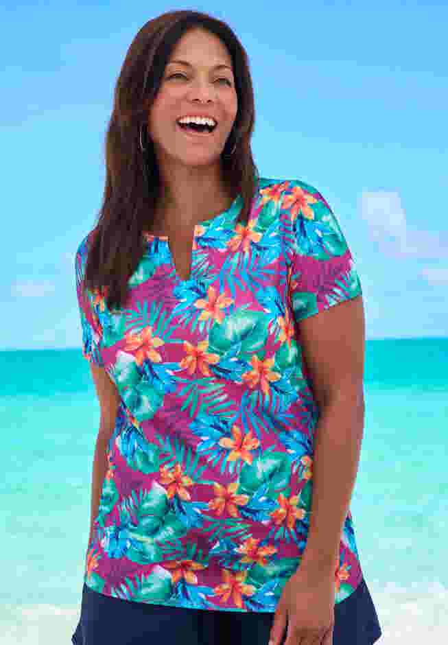 Split-Neck Short Sleeve Swim Tee with Built-In Bra image number 0