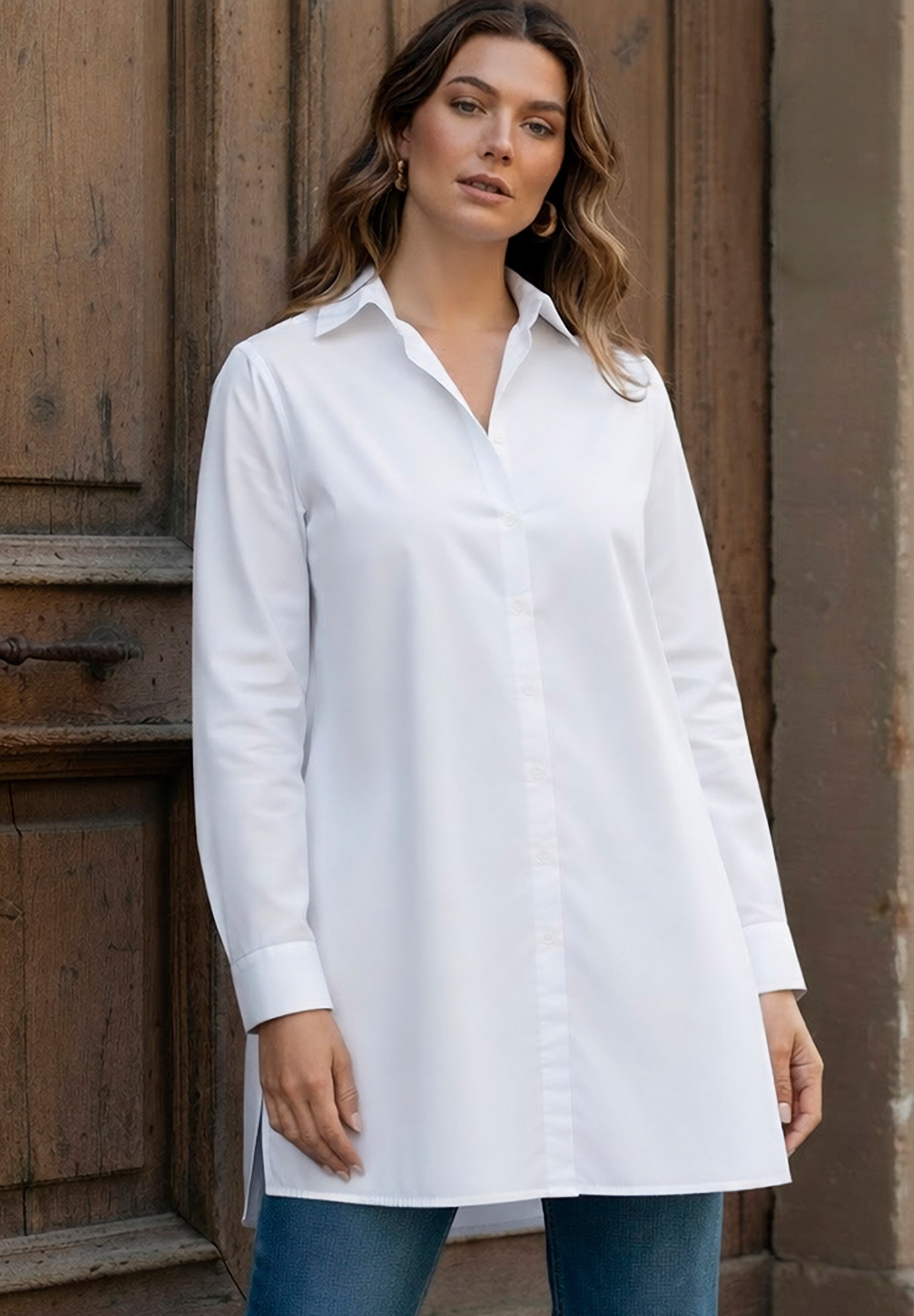 Kate Long-Sleeve Crisp Cotton-Blend Button-Front Tunic image number 0