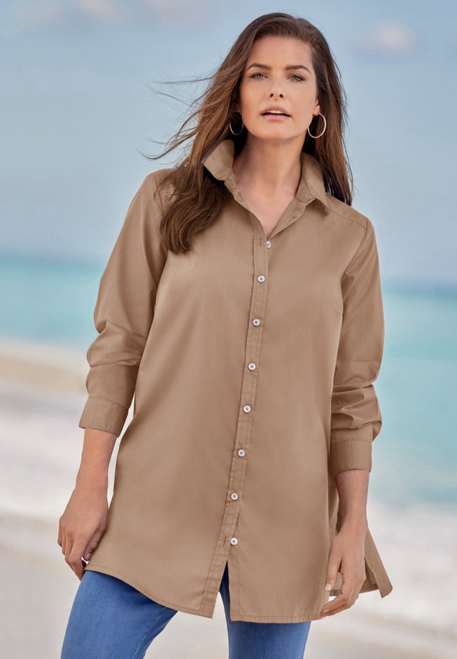 Kate Long-Sleeve Crisp Cotton-Blend Button-Front Tunic image number 1