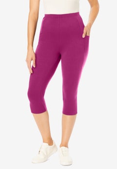 Stretch-Cotton Knit Pull-On Pocket Capri Leggings