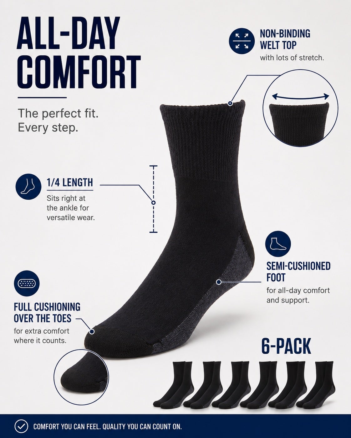 1/4" Length Cushioned Crew 6 Pack Socks image number 1