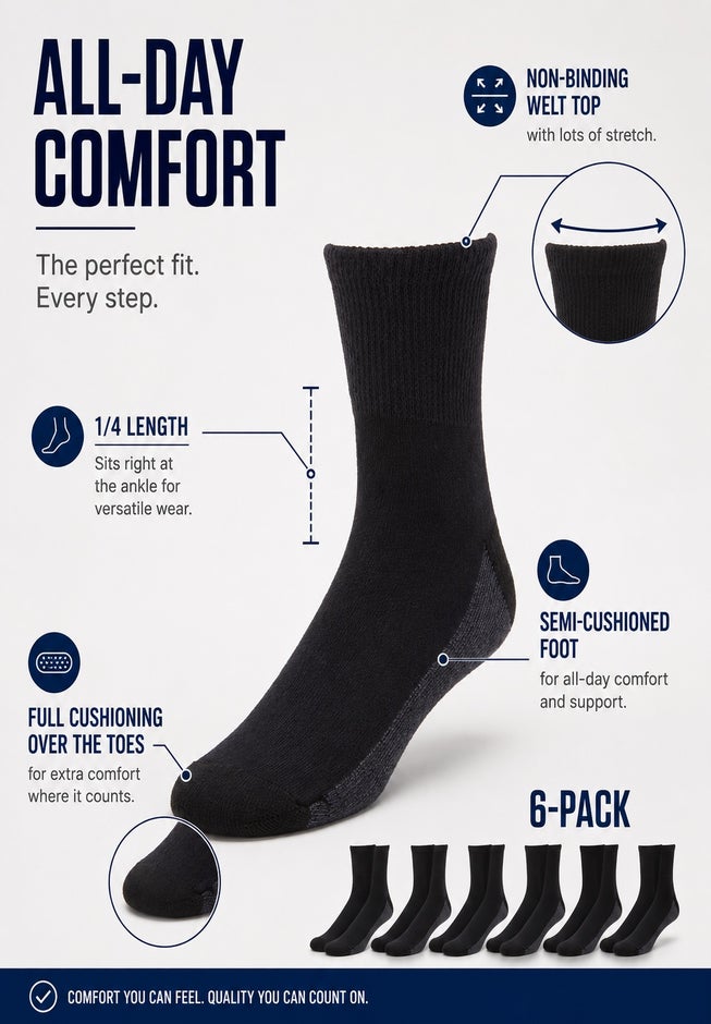 1/4" Length Cushioned Crew 6 Pack Socks image number 1