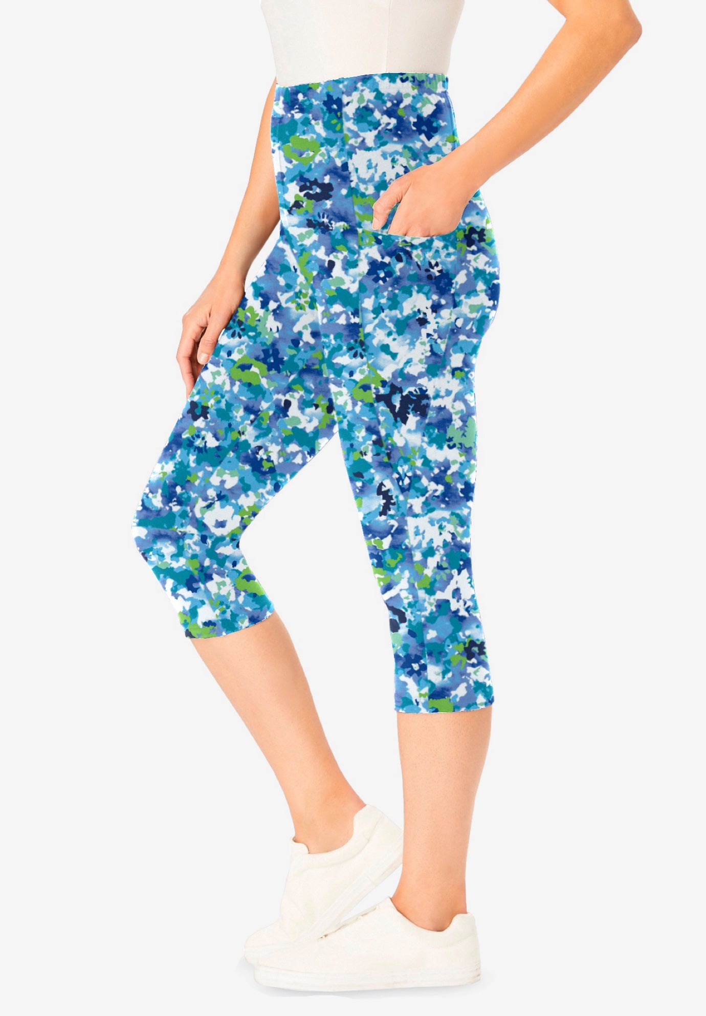 Stretch-Cotton Knit Pull-On Printed Pocket Capri Leggings image number 2
