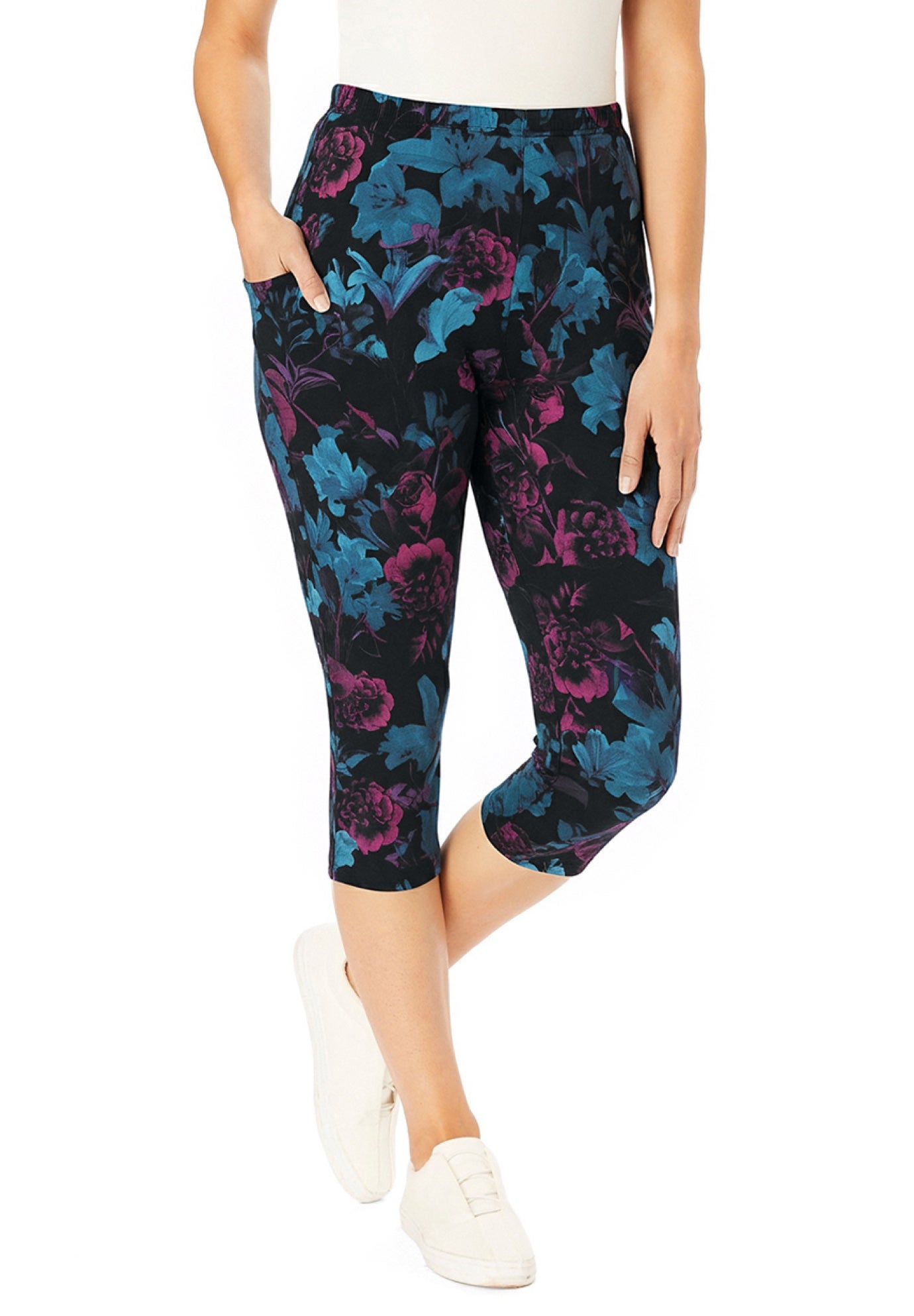 Stretch-Cotton Knit Pull-On Printed Pocket Capri Leggings image number 0