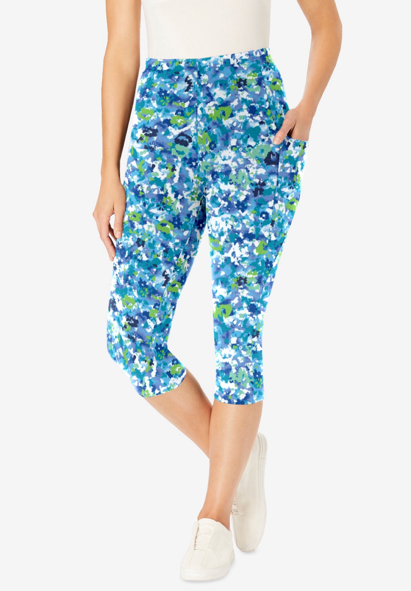 Stretch-Cotton Knit Pull-On Printed Pocket Capri Leggings image number 0