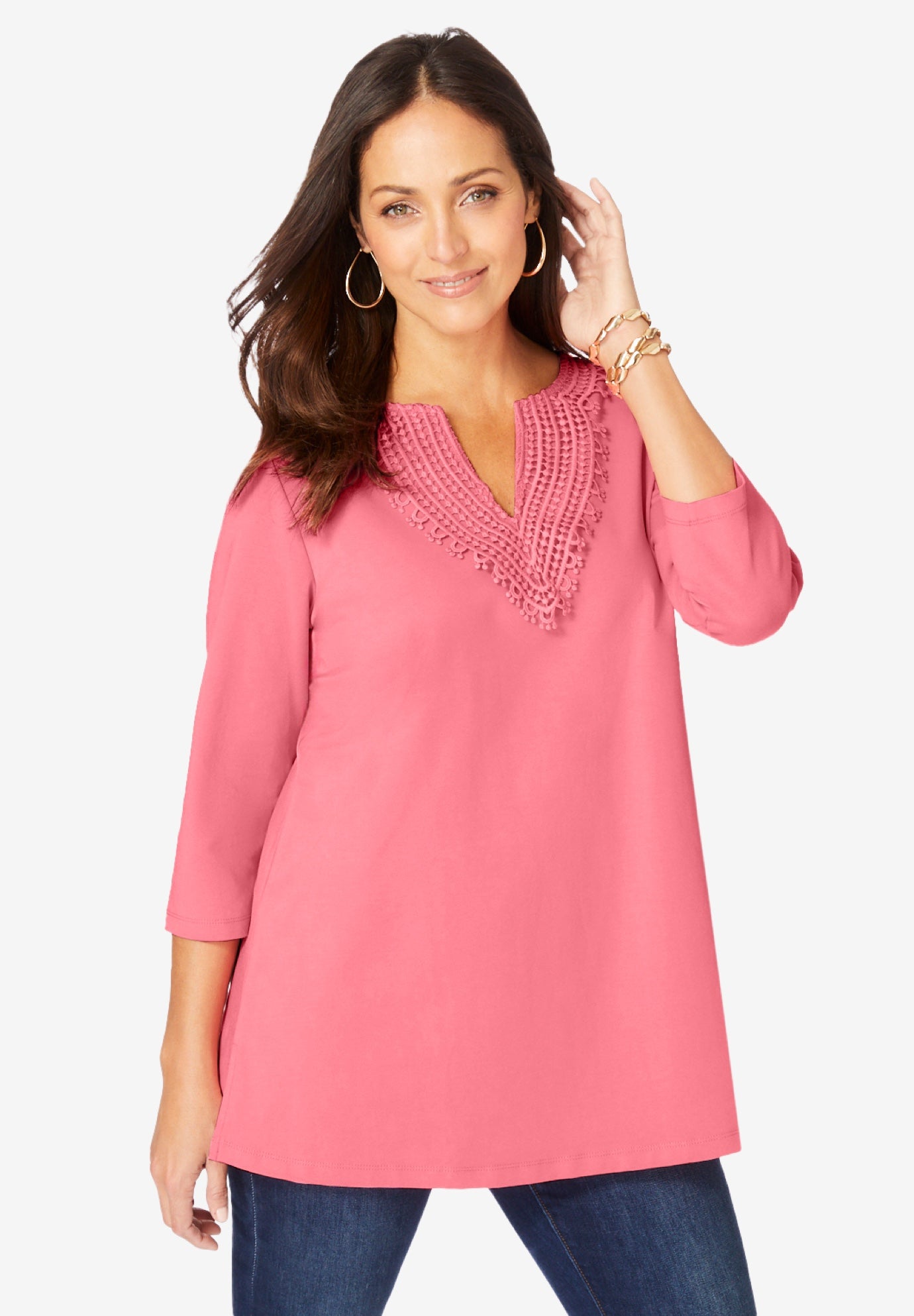Stretch Cotton Crochet Notch Neck Tunic image number 0