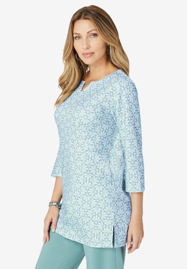 Plus Size Three-Quarter Sleeve Notch Neck Soft Knit Tunic image number 2
