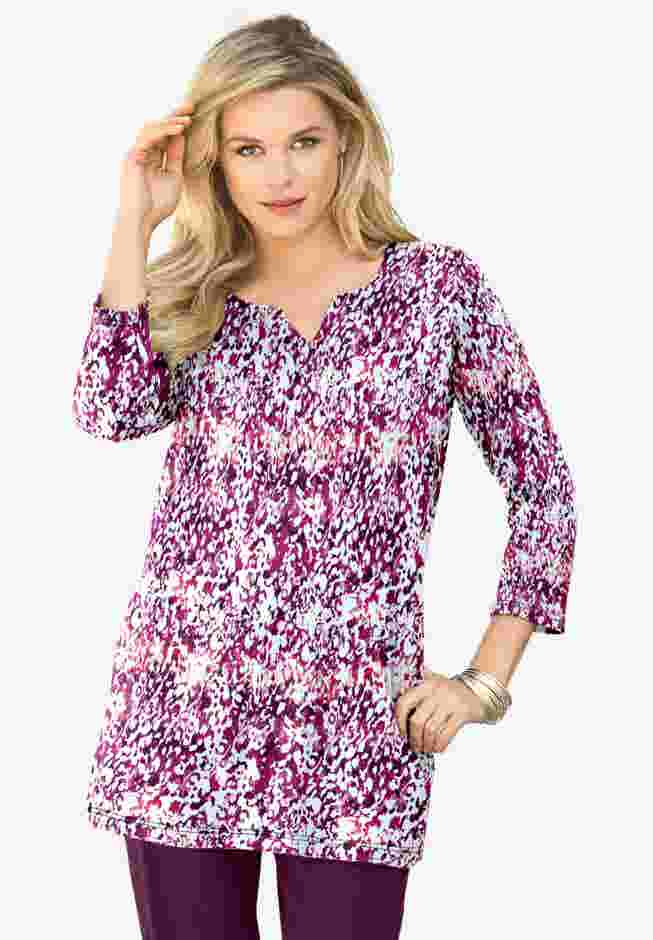 Plus Size Three-Quarter Sleeve Notch Neck Soft Knit Tunic image number 0