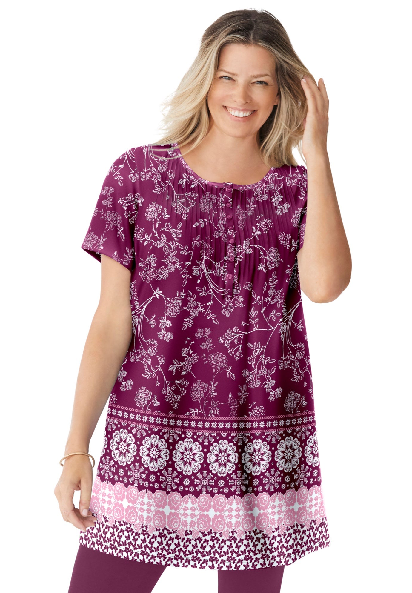 Short-Sleeve Pintucked Henley Tunic image number 0