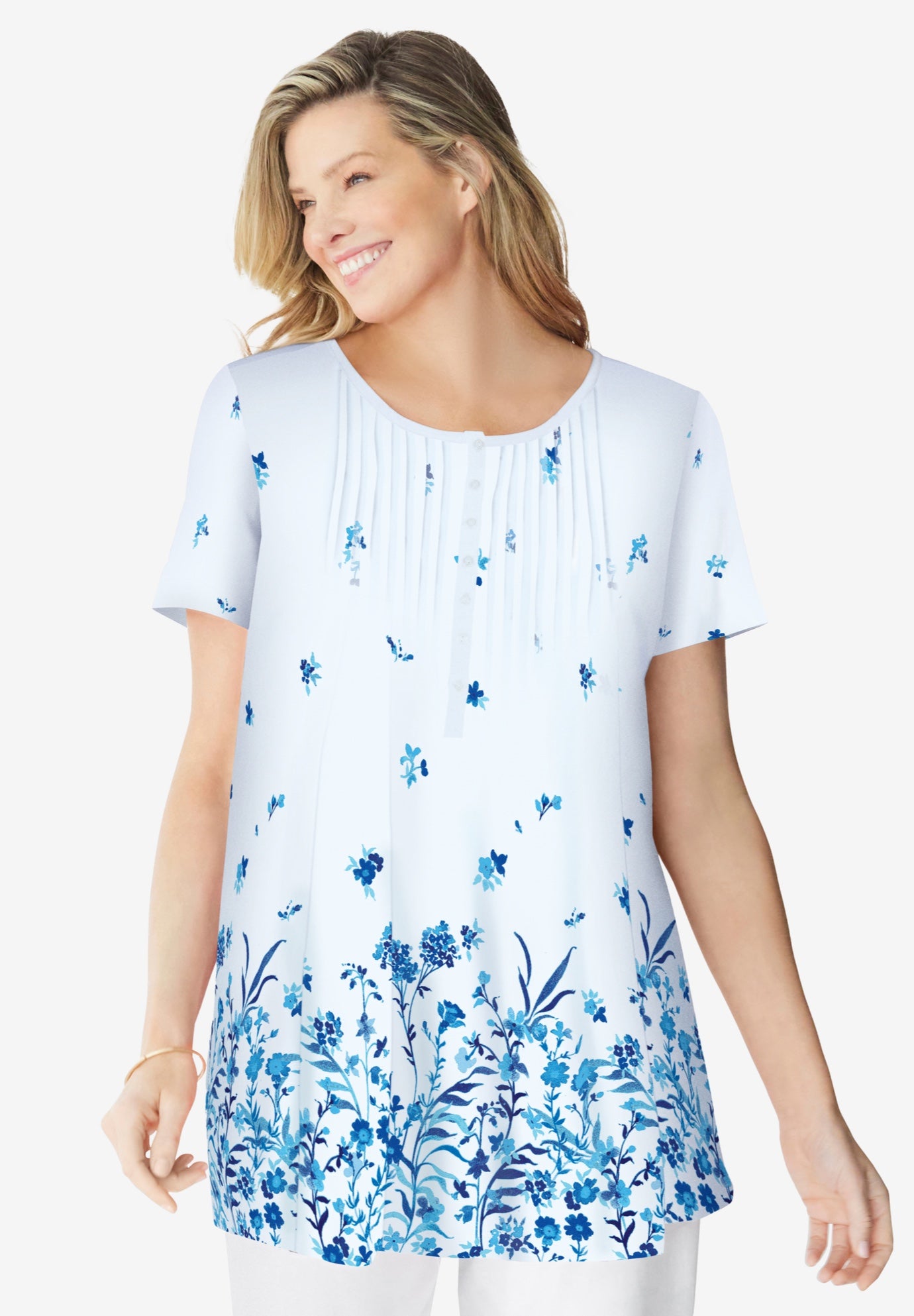 Short-Sleeve Pintucked Henley Tunic image number 0