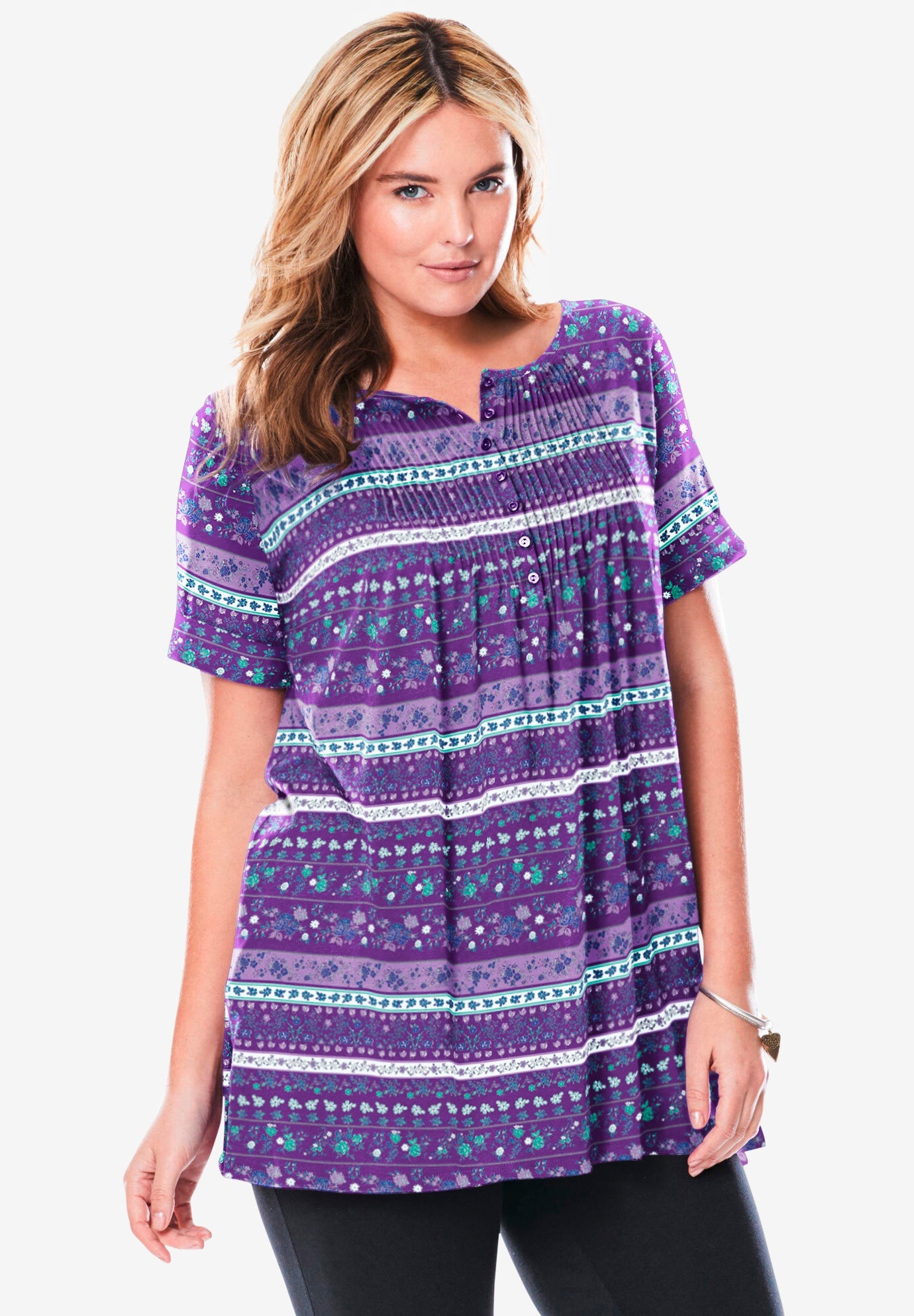 Short-Sleeve Pintucked Henley Tunic image number 0