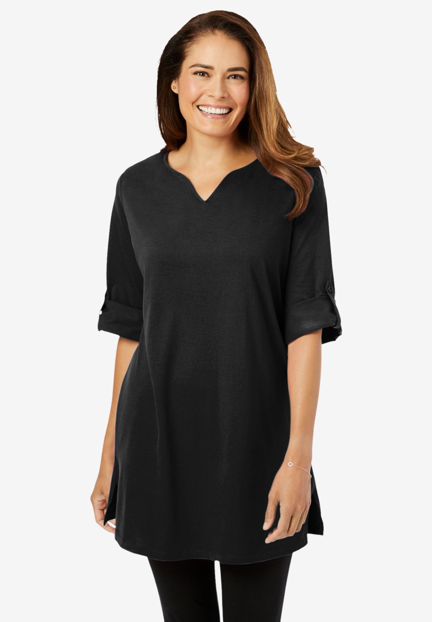 Perfect Roll-Tab-Sleeve Notch-Neck Tunic image number 0