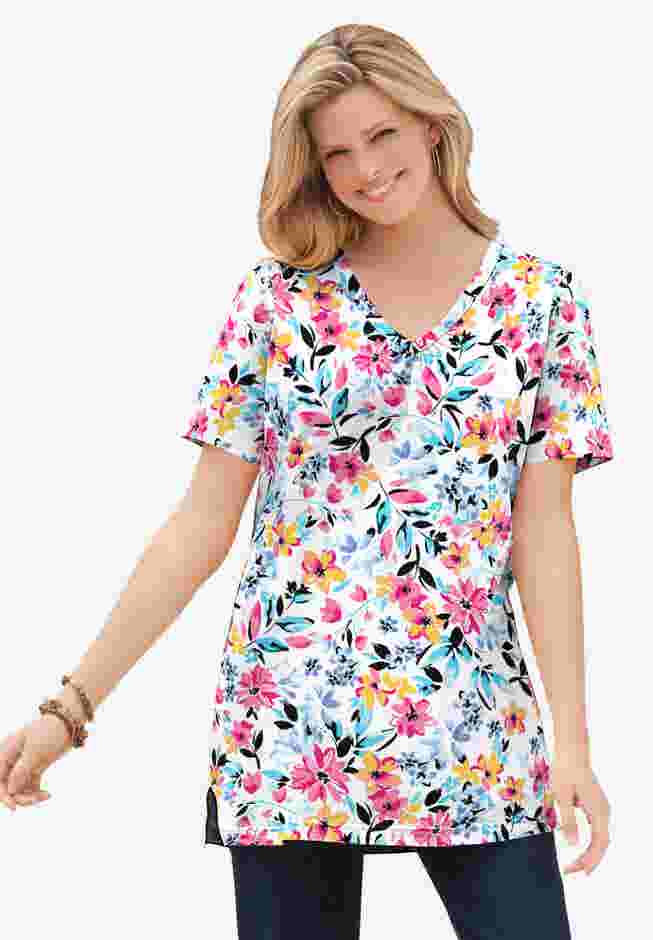 Perfect Printed Short-Sleeve Shirred V-Neck Tunic image number 0