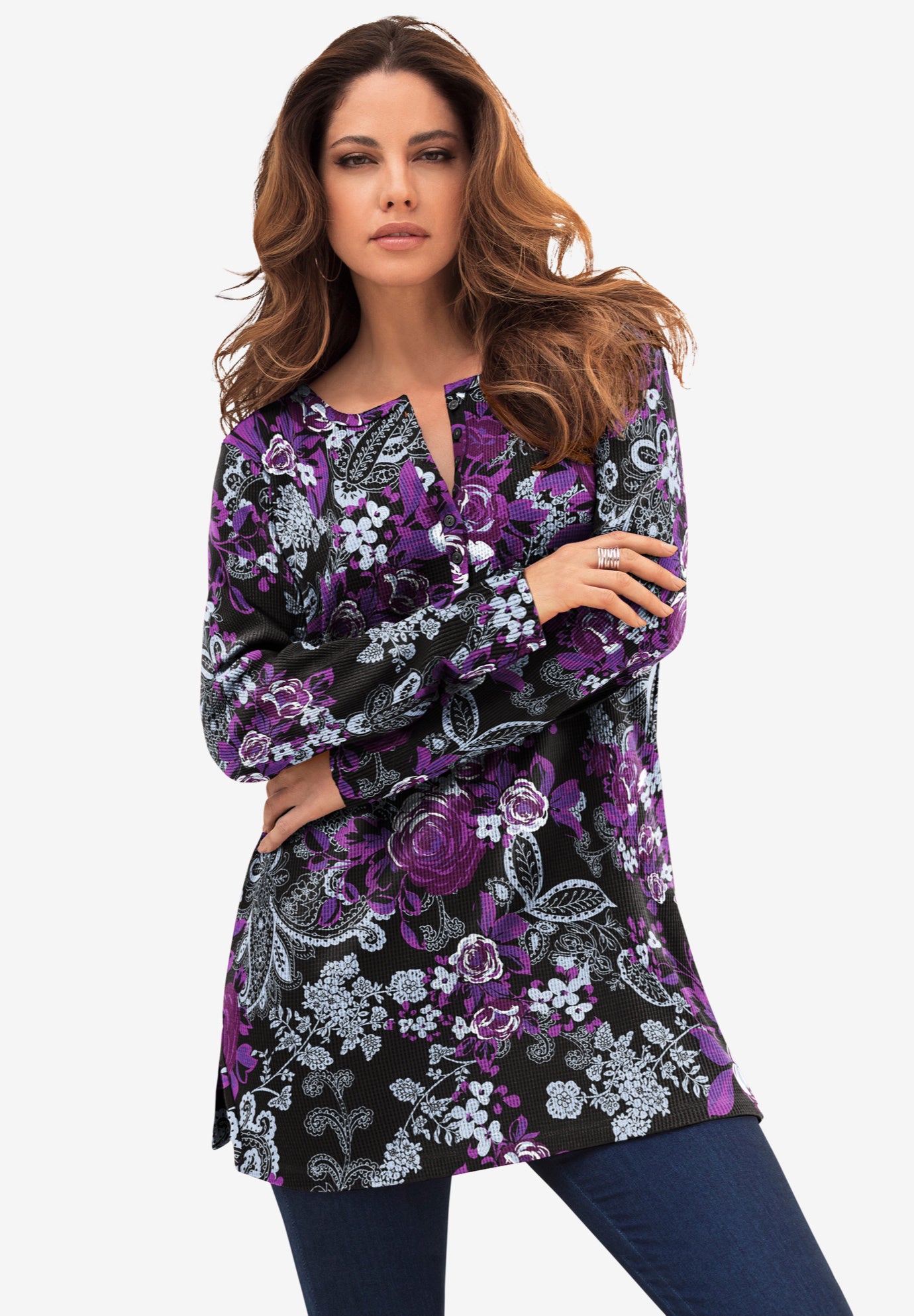 Plus Size Knit Thermal Henley Top – Long Sleeve image number 0