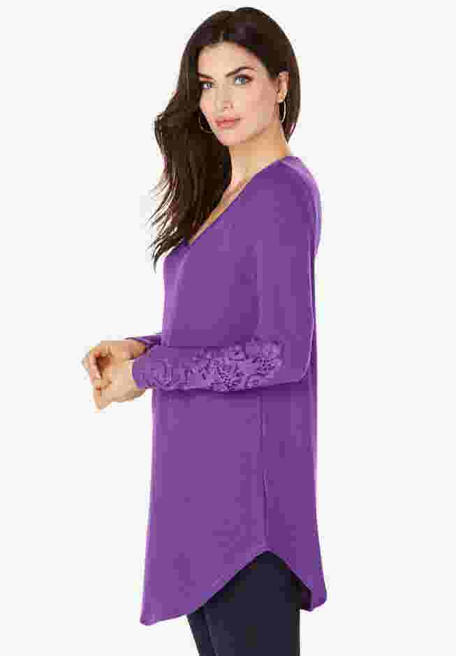 Plus Size Knit Thermal Lace Trim Tunic – Long Sleeve image number 2