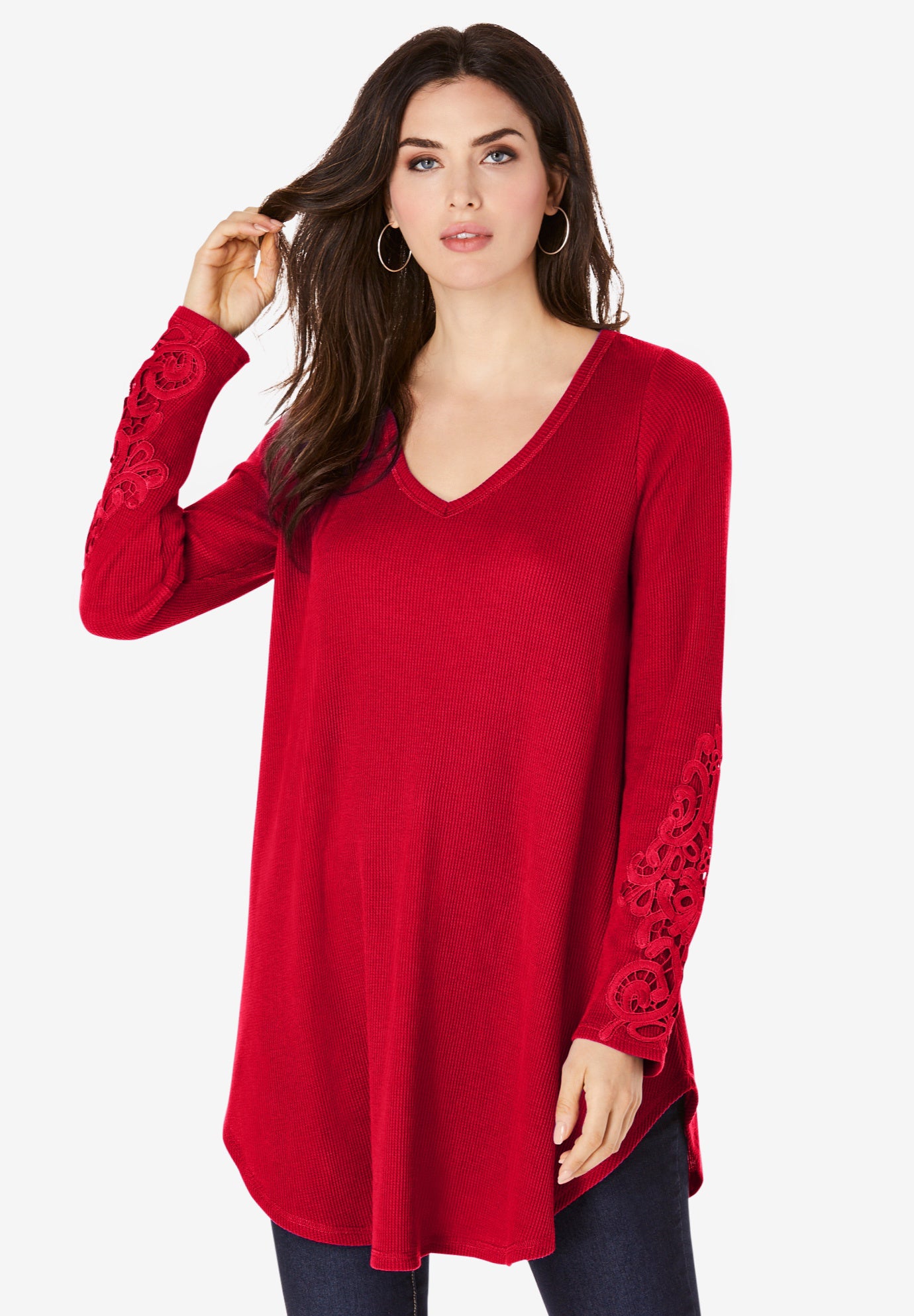 Plus Size Knit Thermal Lace Trim Tunic &ndash; Long Sleeve image number 0