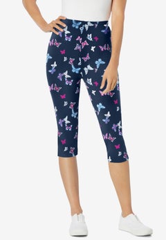 Stretch-Cotton Knit Pull-On Printed Capri Leggings