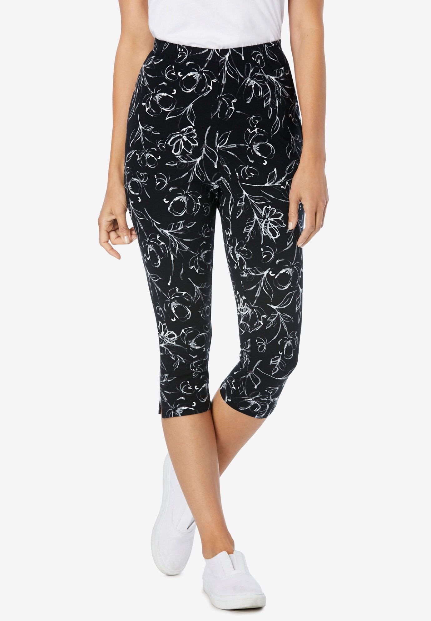 Stretch-Cotton Knit Pull-On Printed Capri Leggings image number 1