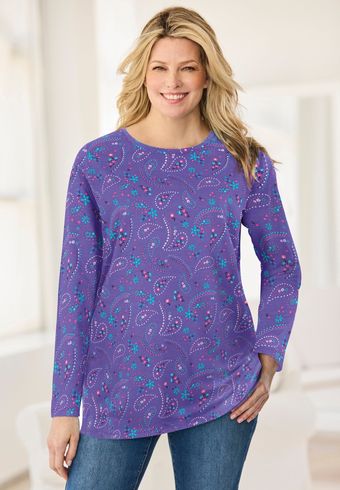 Perfect Printed Long-Sleeve Crewneck Tunic image number 0