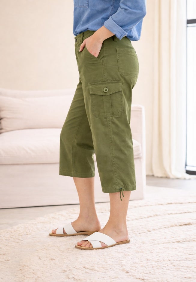 Mid-Rise Stretch Cotton Cargo Capris image number 1