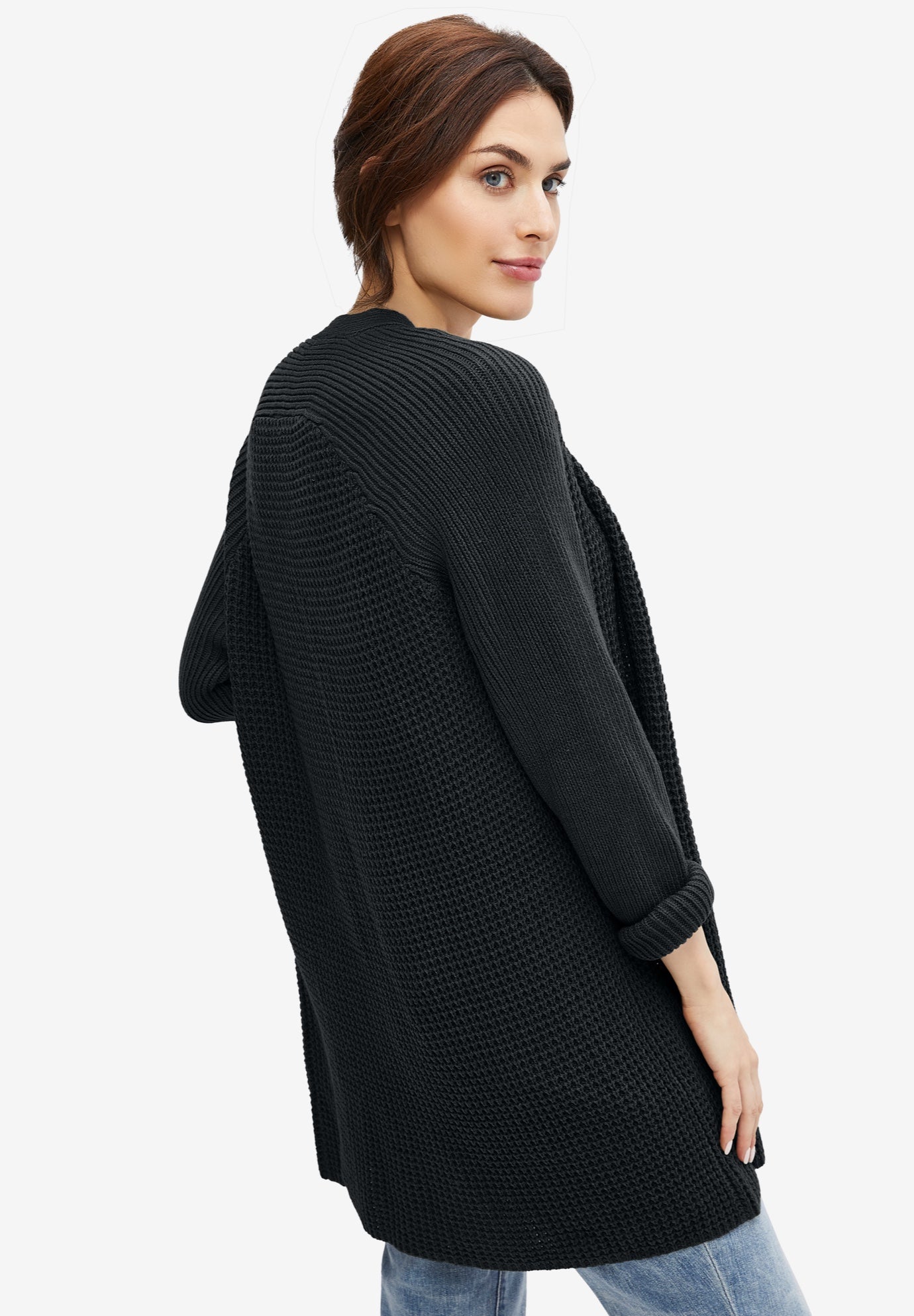 Open Front Long Ribbed Sleeve Waffle Cardigan image number 2