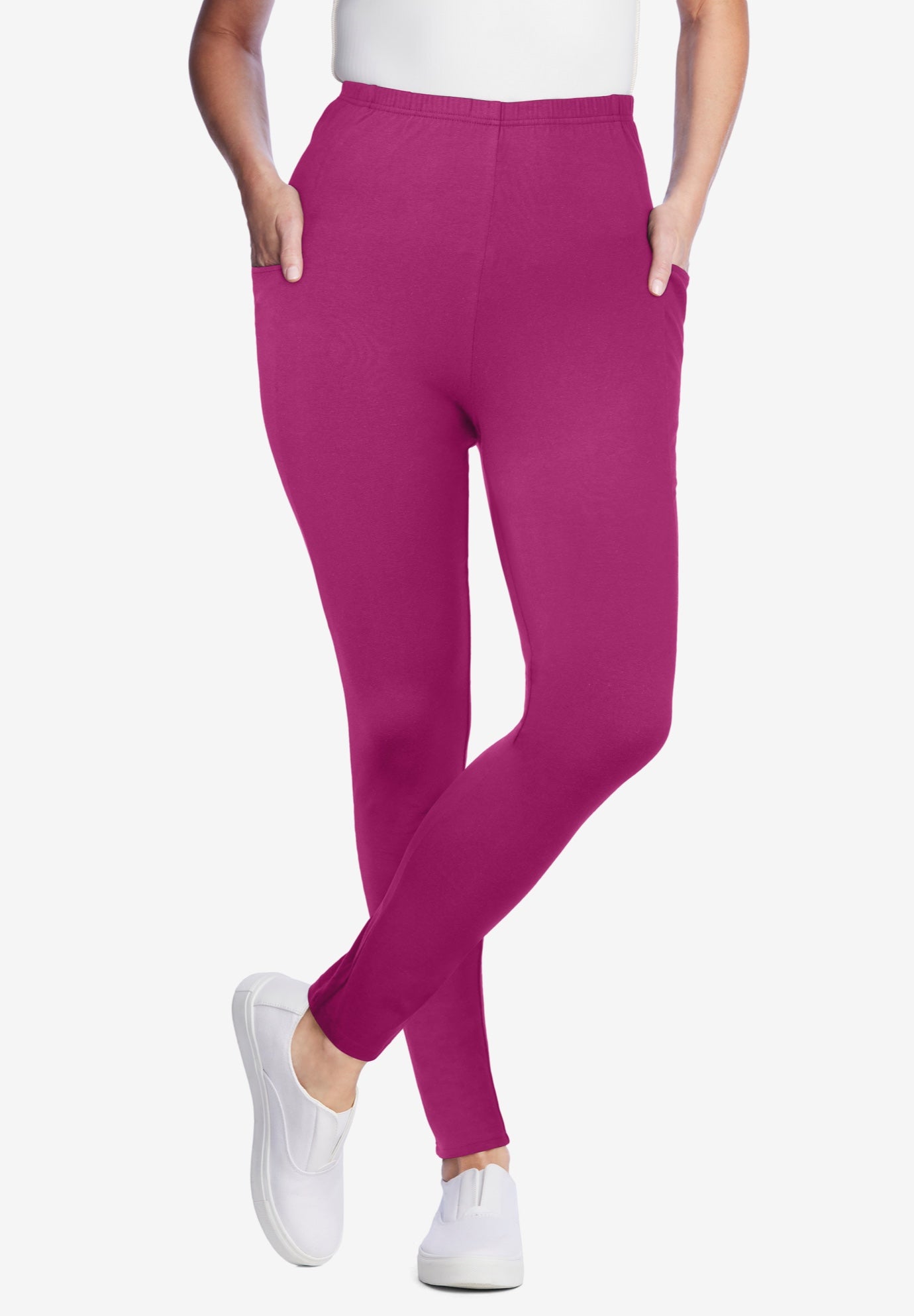Side Pocket Ankle-Length Pull-On Stretch Knit Cotton Spandex Leggings image number 0