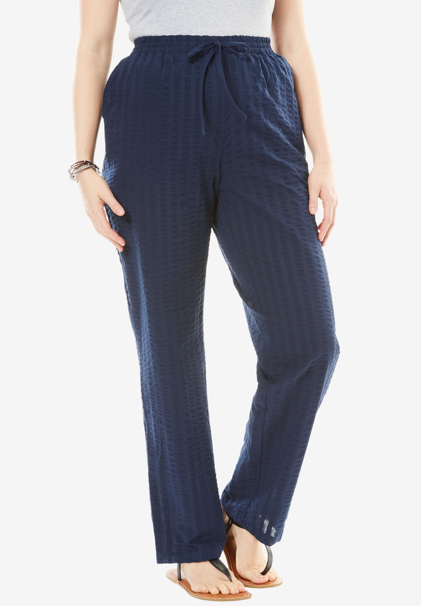 Seersucker Pull-on Elastic-Waist Pants image number 0