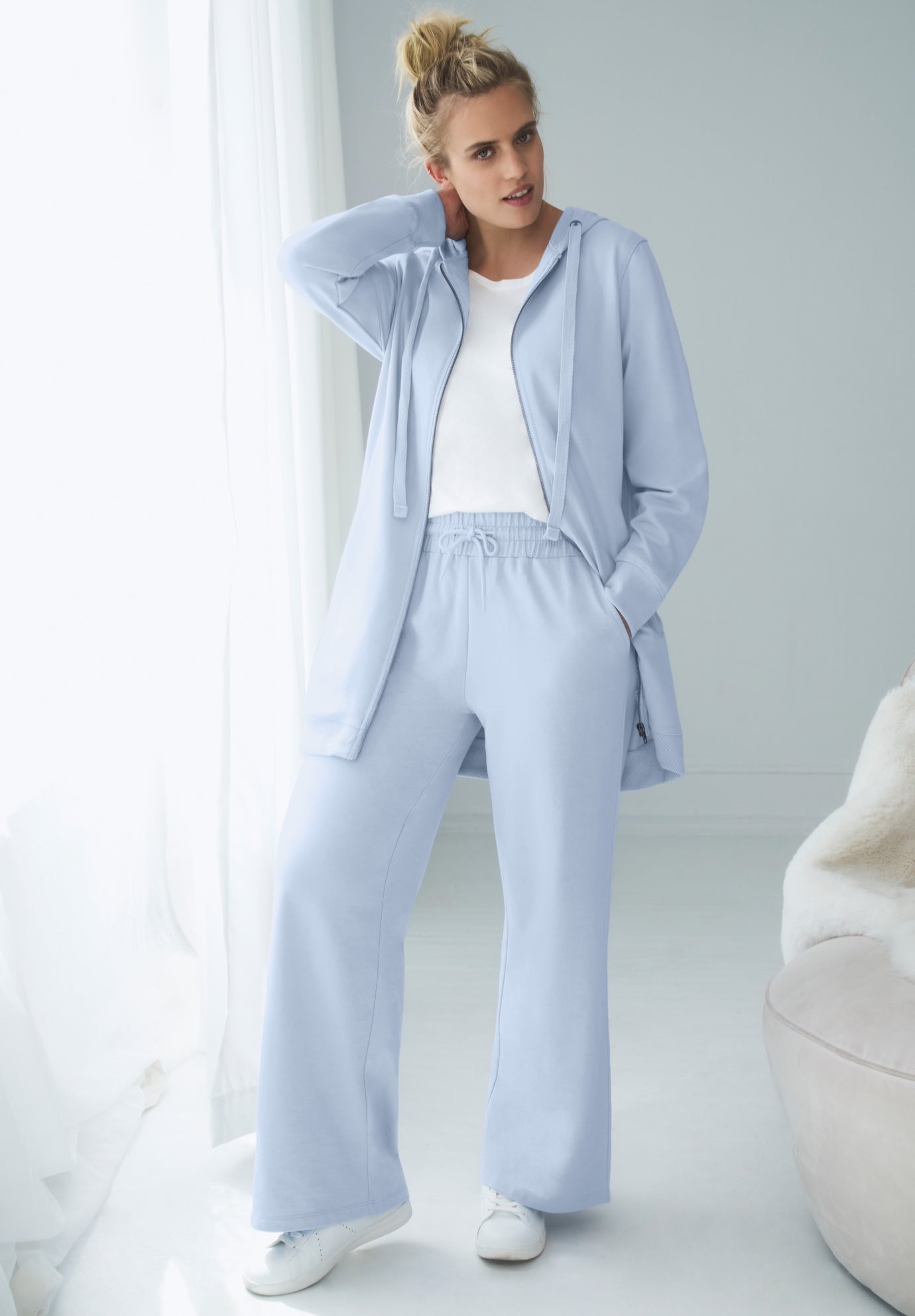 French Terry Wide Leg Sweatpants With Drawstring Elastic Waistband image number 0