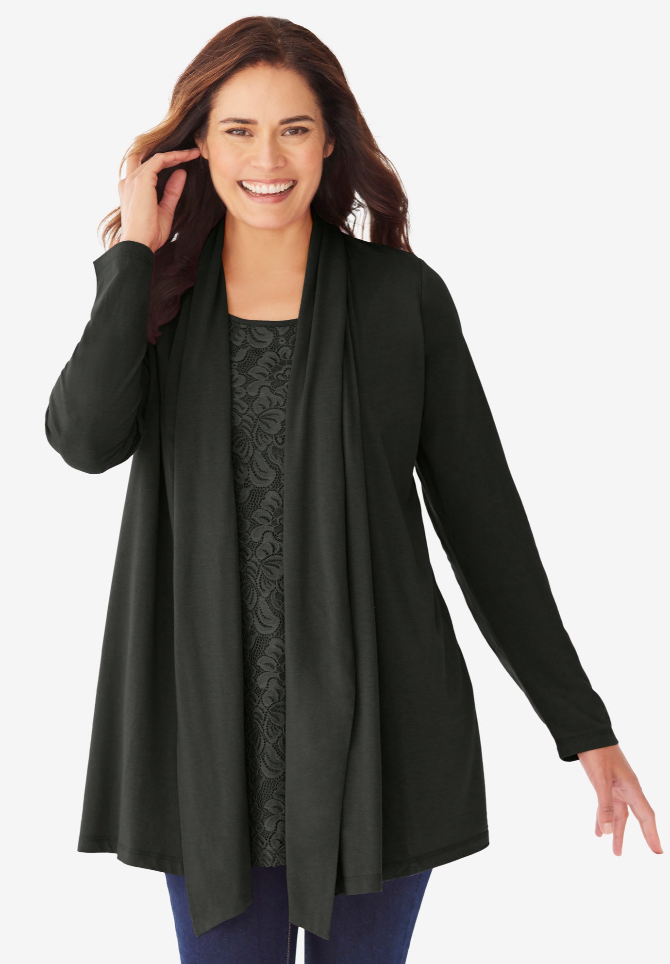 2-Fer Cardigan & Attached Lace Tunic image number 0