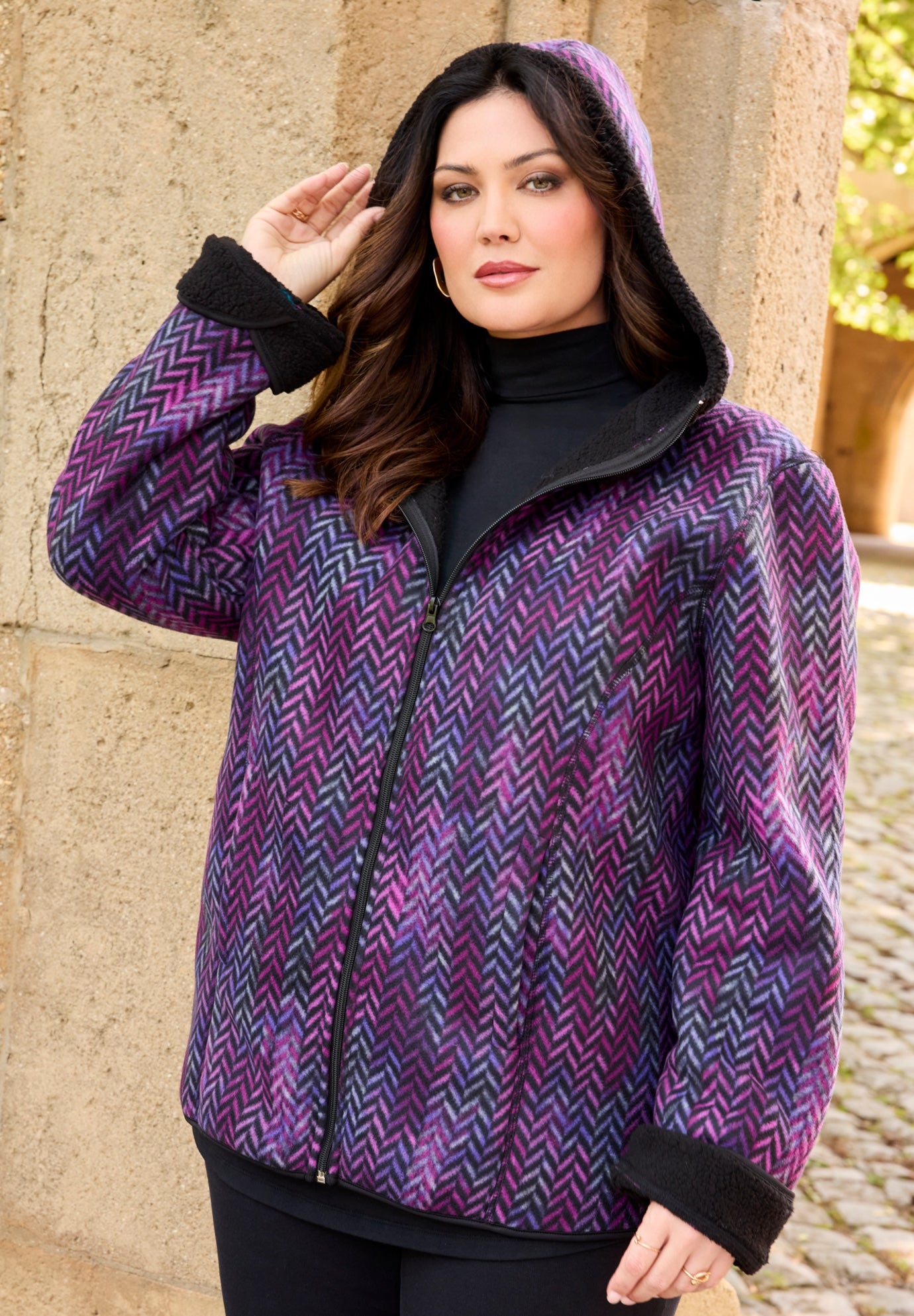 Printed Fleece Coat with Sherpa Lining image number 3